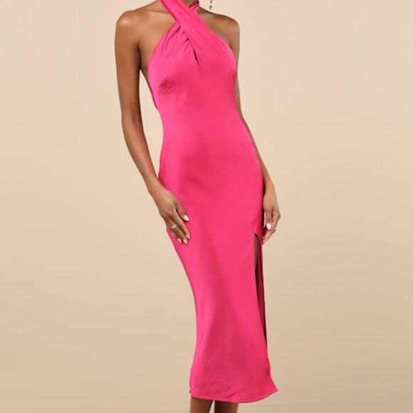 Lulus Beyond Classy Hot Pink Satin Halter Midi Dress - Picture 1 of 4